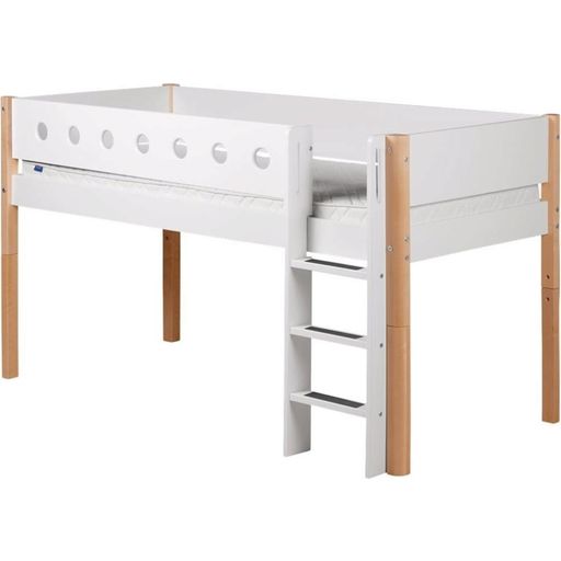 WHITE Mid-High Bed with Vertical Ladder, 90 x 200 cm - White