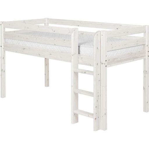 CLASSIC Halbhohes Bett mit senkrechter Leiter, 90x200 cm - Weiß lasiert