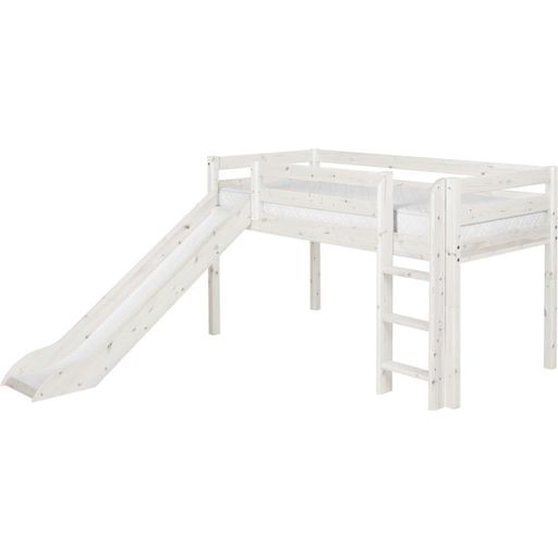 CLASSIC Halbhohes Bett mit Rutsche und Leiter, 90x200 cm - Weiß lasiert