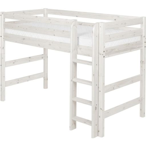 CLASSIC Mittelhohes Bett mit Leiter, 90x200 cm - Weiß lasiert