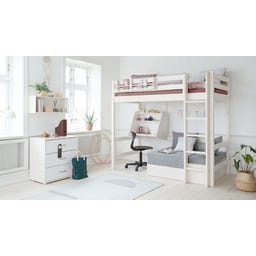 CLASSIC Hochbett 184 cm mit Sofa, Schreibtisch, Leiter und Absturzsicherung - Weiß lasiert