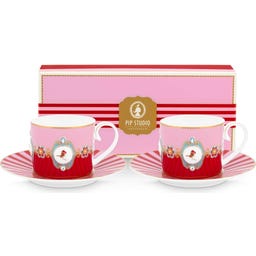 Pip Studio Tassen mit Untersetzer Love Birds - Rot/Pink