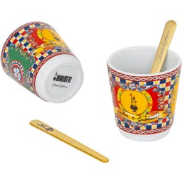 Dolce & Gabbana - Carretto Siciliano - Set Moka Express: 2 tazas + 2 vasitos y 2 Cucharillas Doradas