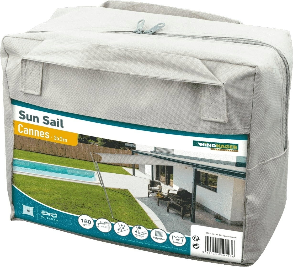 Windhager Solsegel SunSail CANNES Kvadrat 3x3m - gräddgrått