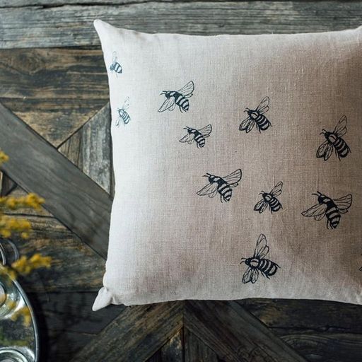 Helen Round Linen Cushion Cover - Bee Design - With linen on the back