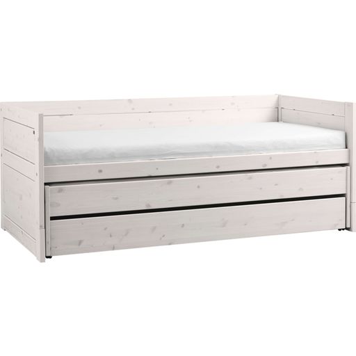 Dvignjena postelja s posteljo za goste in posteljnim predalom, bela lazura - Letveno dno v roli